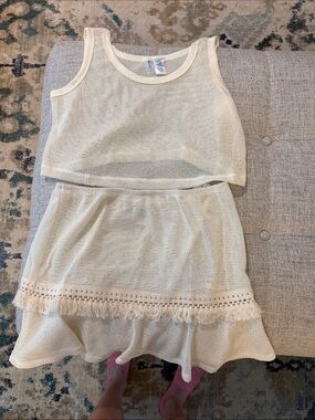 Women's Cream Knit Swim Coverup Set - Sleeveless Crop Top & Skirt